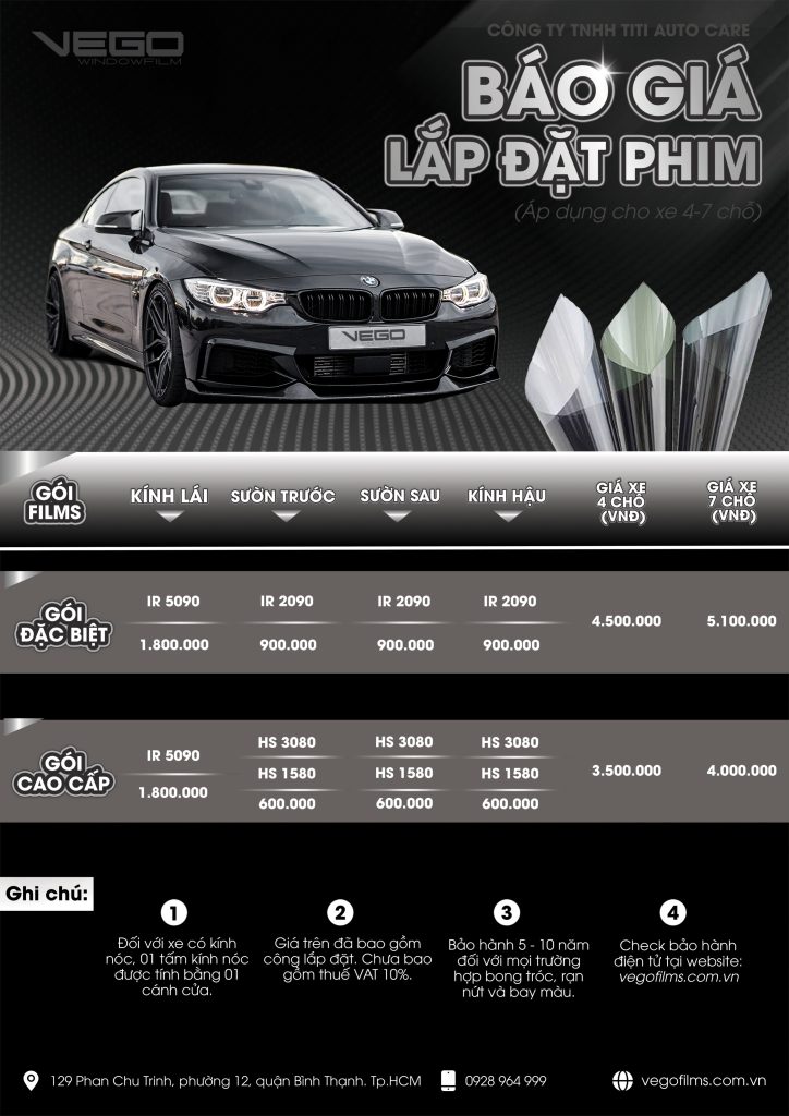 Cập nhật bảng giá lắp đặt dán phim cách nhiệt vego tại titi auto care giá lắp đặt phim vego