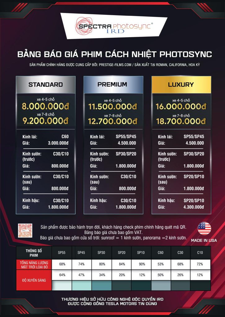 Bảng giá dán phim cách nhiệt Photosync Bảng giá dán phim cách nhiệt Photosync